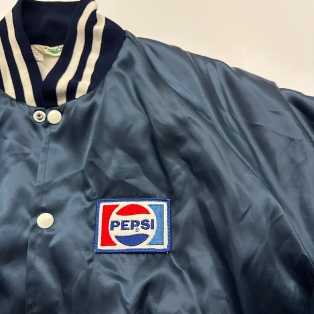 Vintage‎ Pepsi Cola Patch Satin Snap Button Bomber Jacket Navy Blue Medium